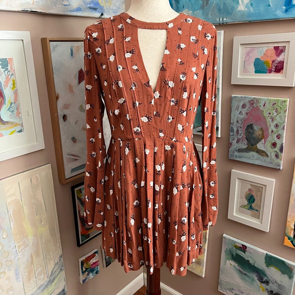 Free People Prairie Rust Tegan Floral Boho Mini Dress Pleated Cottagecore Sz 6